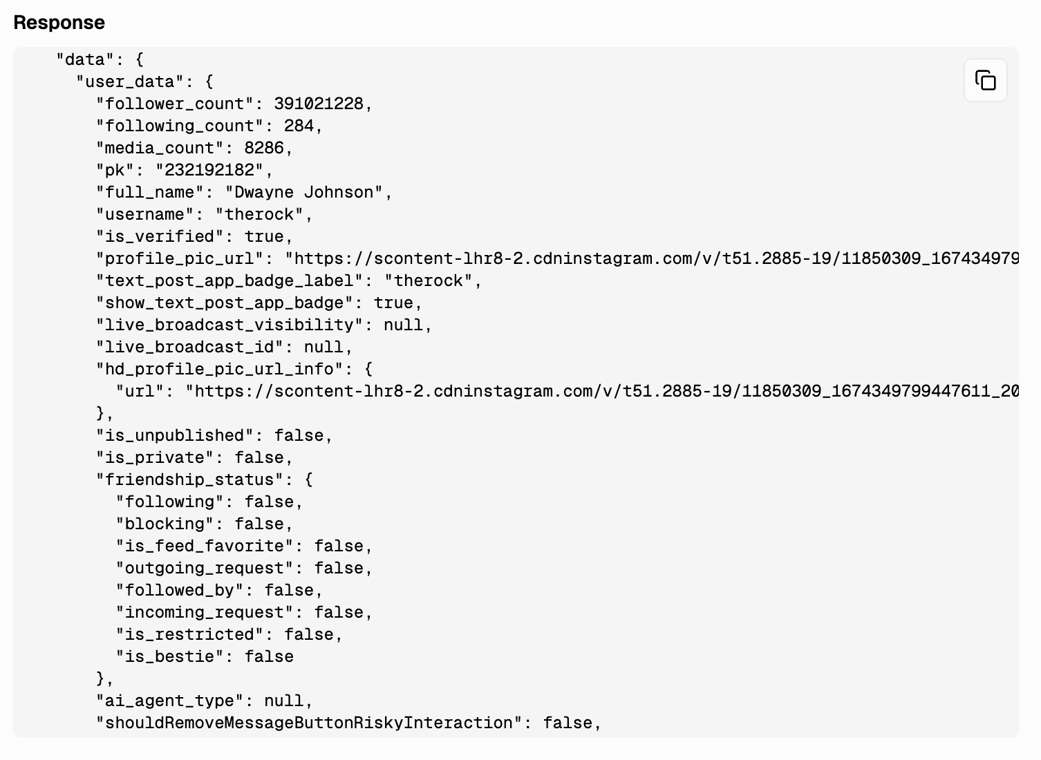 API Fast example response with Instagram user data